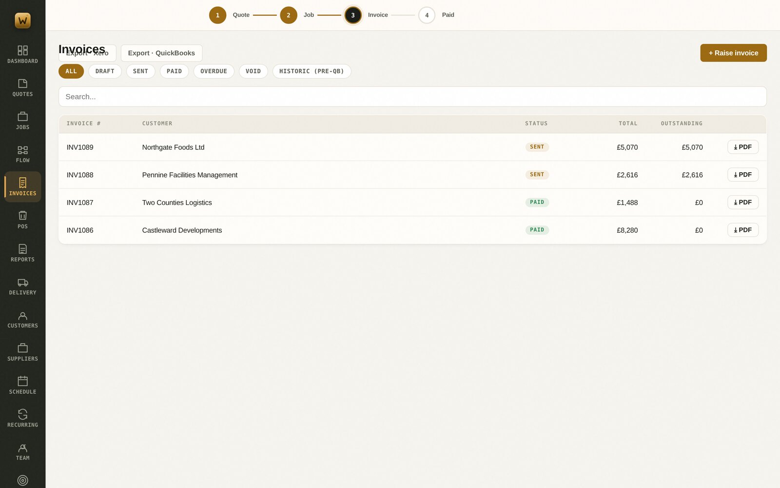 Worklot invoices list with paid and outstanding