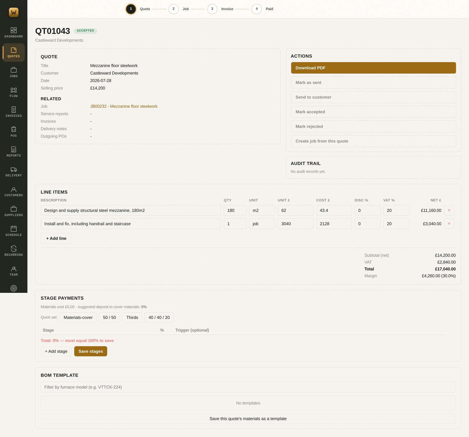 Worklot quote with line items, totals and stage payments